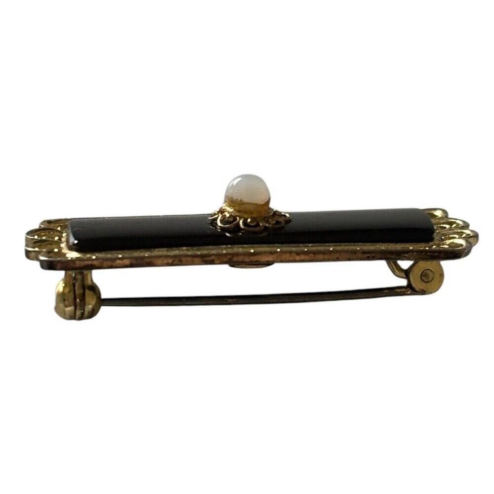 Antique 800 Sterling Silver Vermeil Filigree Onyx Mourning Bar Brooch Pin - Picture 5 of 10